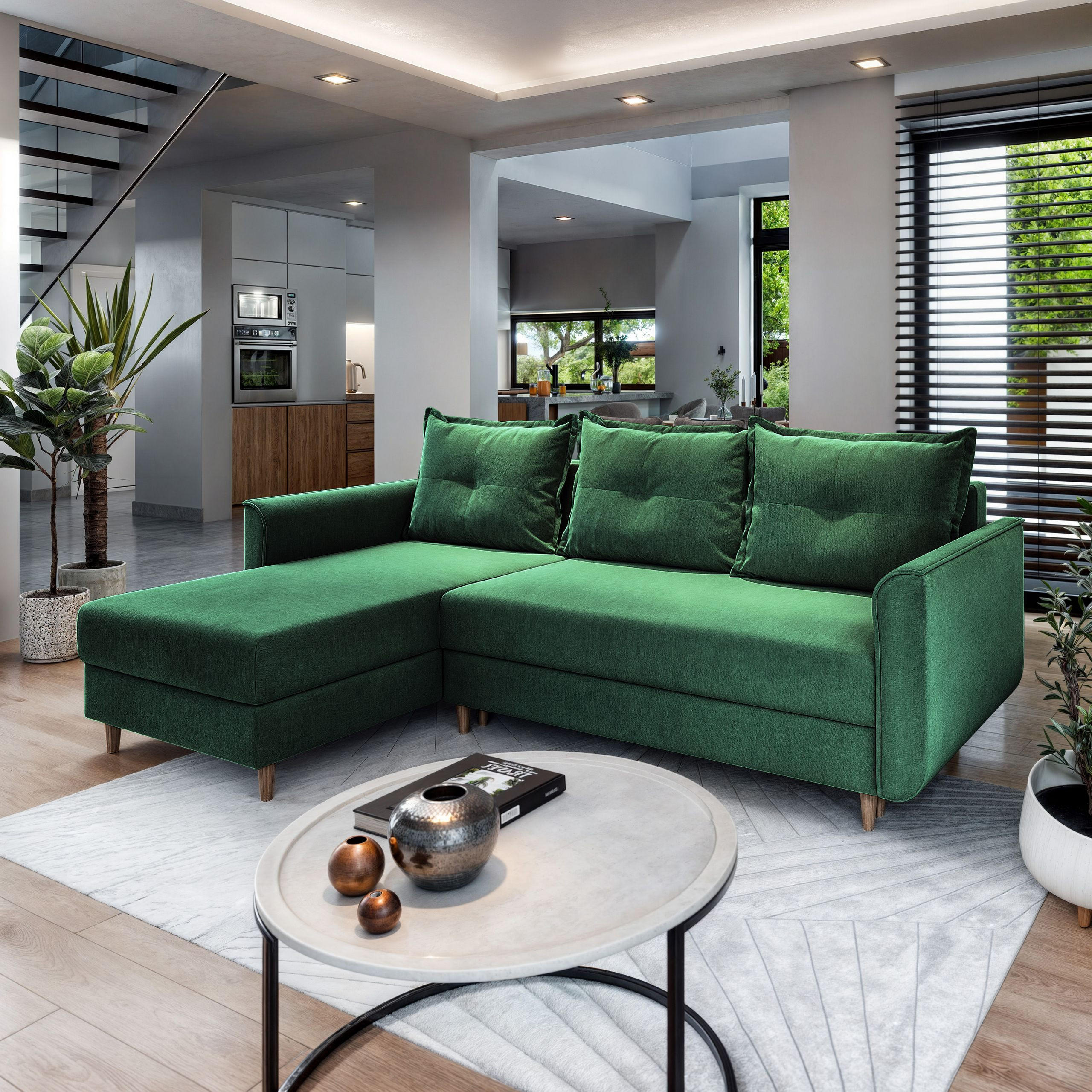 ECKSOFA PISAN L-S Grün Plüsch-Stoff mit Schlaffunktion - Grün, Holz (220/140cm) - MASSENO