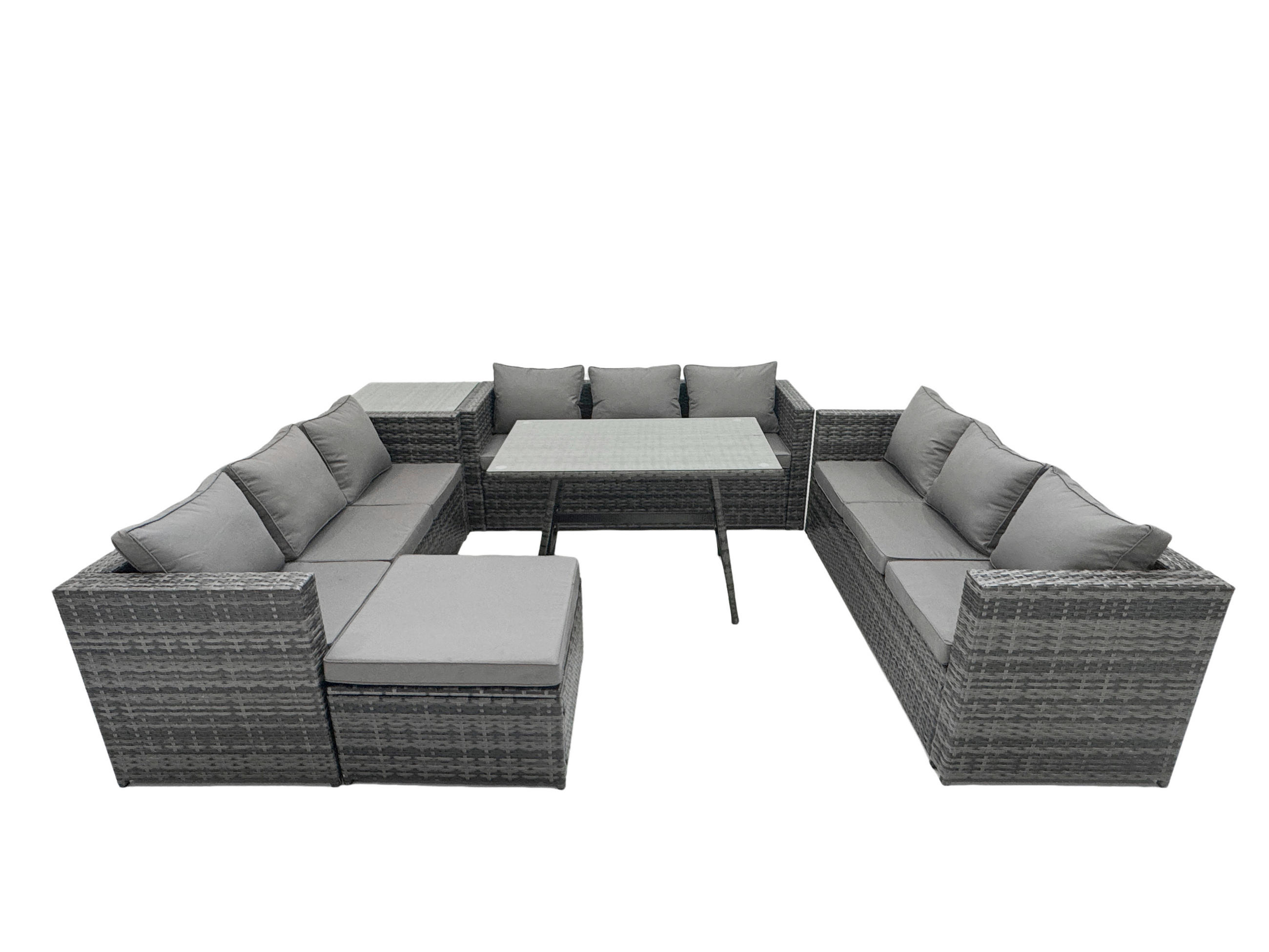 LOUNGESOFA SET Polyrattan 10-Sitzer - Dunkelgrau/Grau, Glas/Kunststoff - Fimous