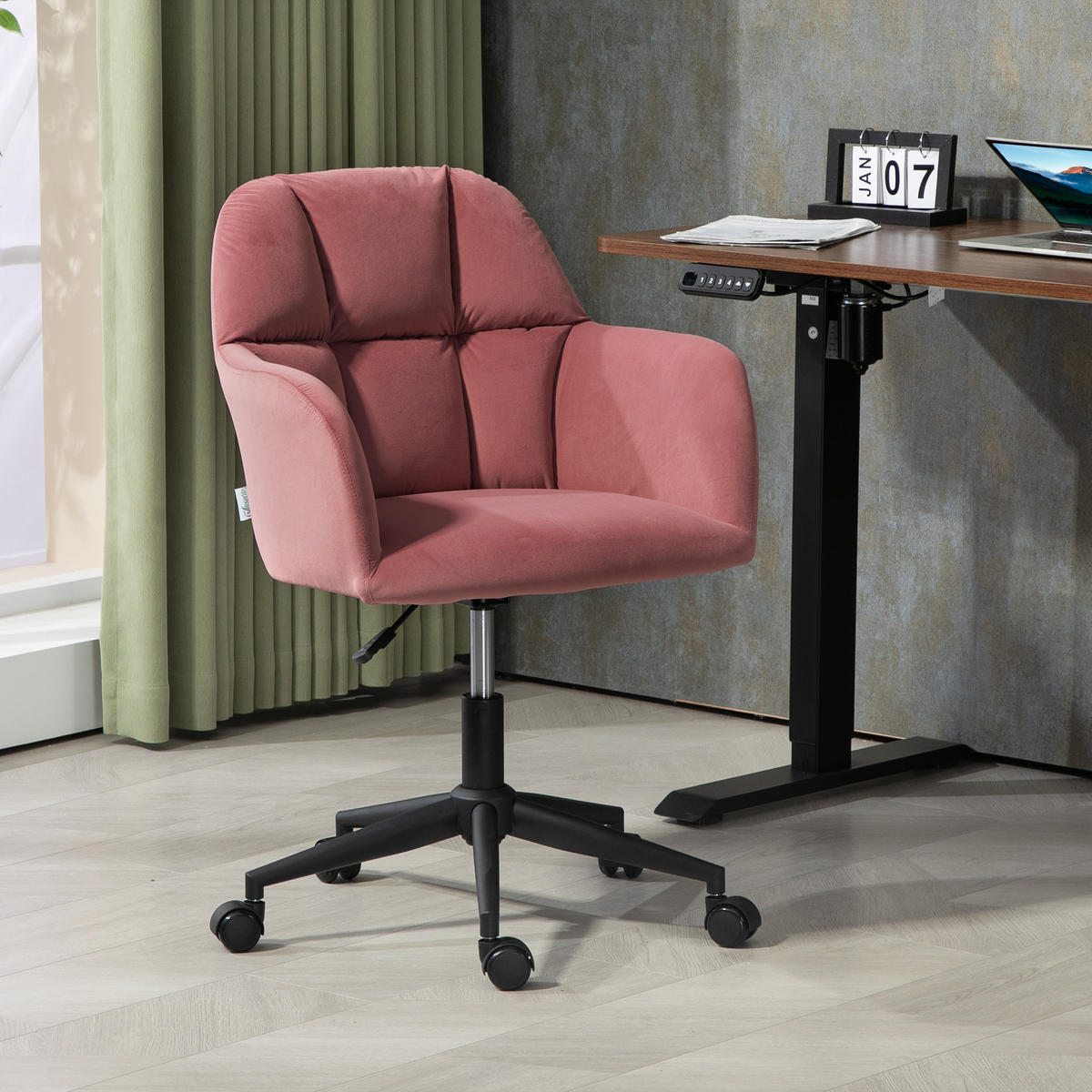 BÜROSTUHL, Höhenverstellbarer Schreibtischstuhl mit Samtoptik, Rückenlehne - Rosa, Kunststoff (58.5/86/58cm) - Vinsetto