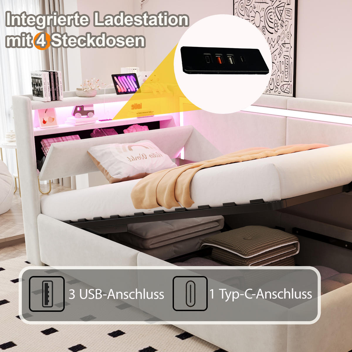 POLSTERBETT 90x200 Beige Samt LED Stauraum - Beige, Textil (90/200cm) - FLIEKS