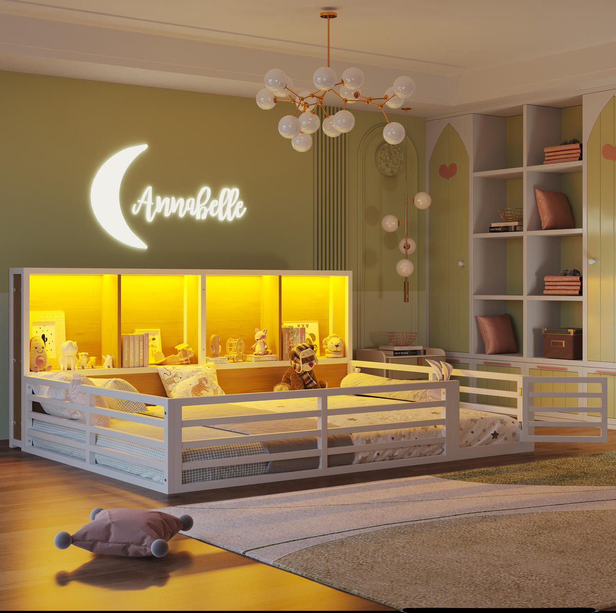 KINDERBETT 140/200 cm mit Lattenrost, Stauraum, öffnbarer Absturzsicherung und LED-Beleuchtung aus Metall und MDF, Weiß - Weiß, Holzwerkstoff (140/200cm) - Redom