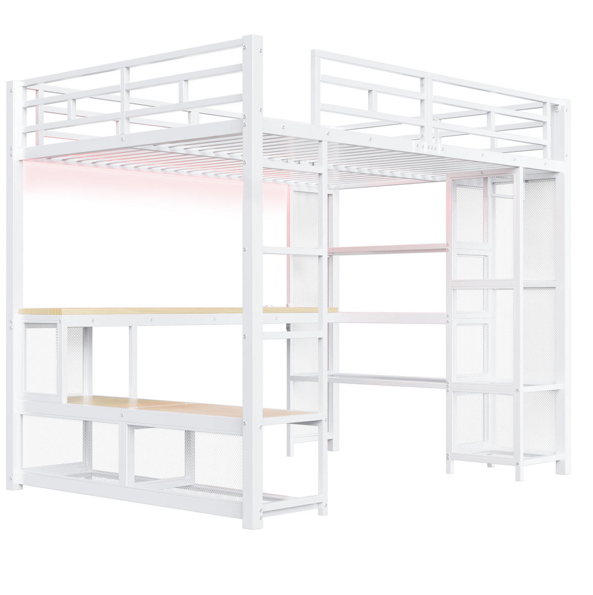 HOCHBETT 140/200 cm weiß aus Metall und MDF mit Schreibtisch, Kleiderschrank, USB und LED - Weiß, Holzwerkstoff (140/200cm) - OKWISH