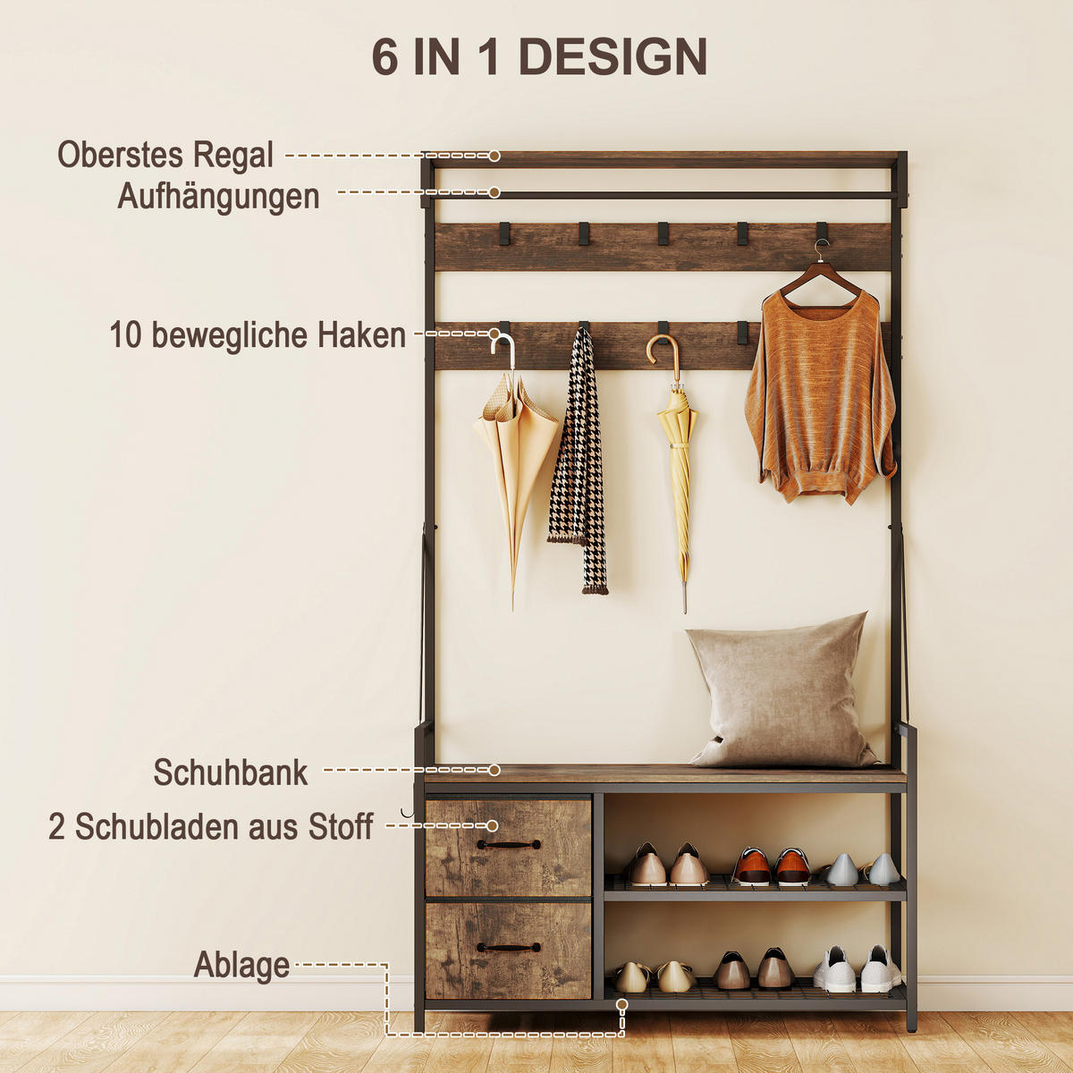 GARDEROBENSTÄNDER 6-in-1 DE-09827 Braun - Braun, Holzwerkstoff/Metall (40/180/100cm) - ComfortXL
