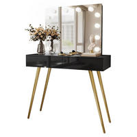 Schminktisch SIENNA GOLD ELITE mit Spiegel PUSH OPEN - Schwarz Hochglanz/Goldfarben, Holzwerkstoff (100/81/42cm)