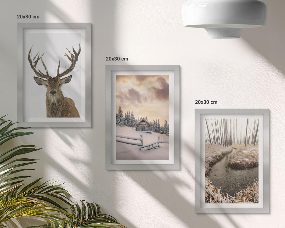 BILDER SET 3er Set - 20x30 cm Silberner Rahmen - Hirschhütte in Winterlandschaft - Silberfarben, Kunststoff (20/30cm) - TULUP