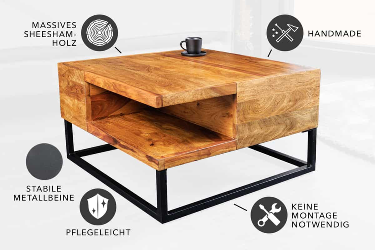COUCHTISCH GIANT Sheesham quadratisch Natur 60cm - Silberfarben/Braun, Holz/Metall (60/60/35cm) - riess-ambiente