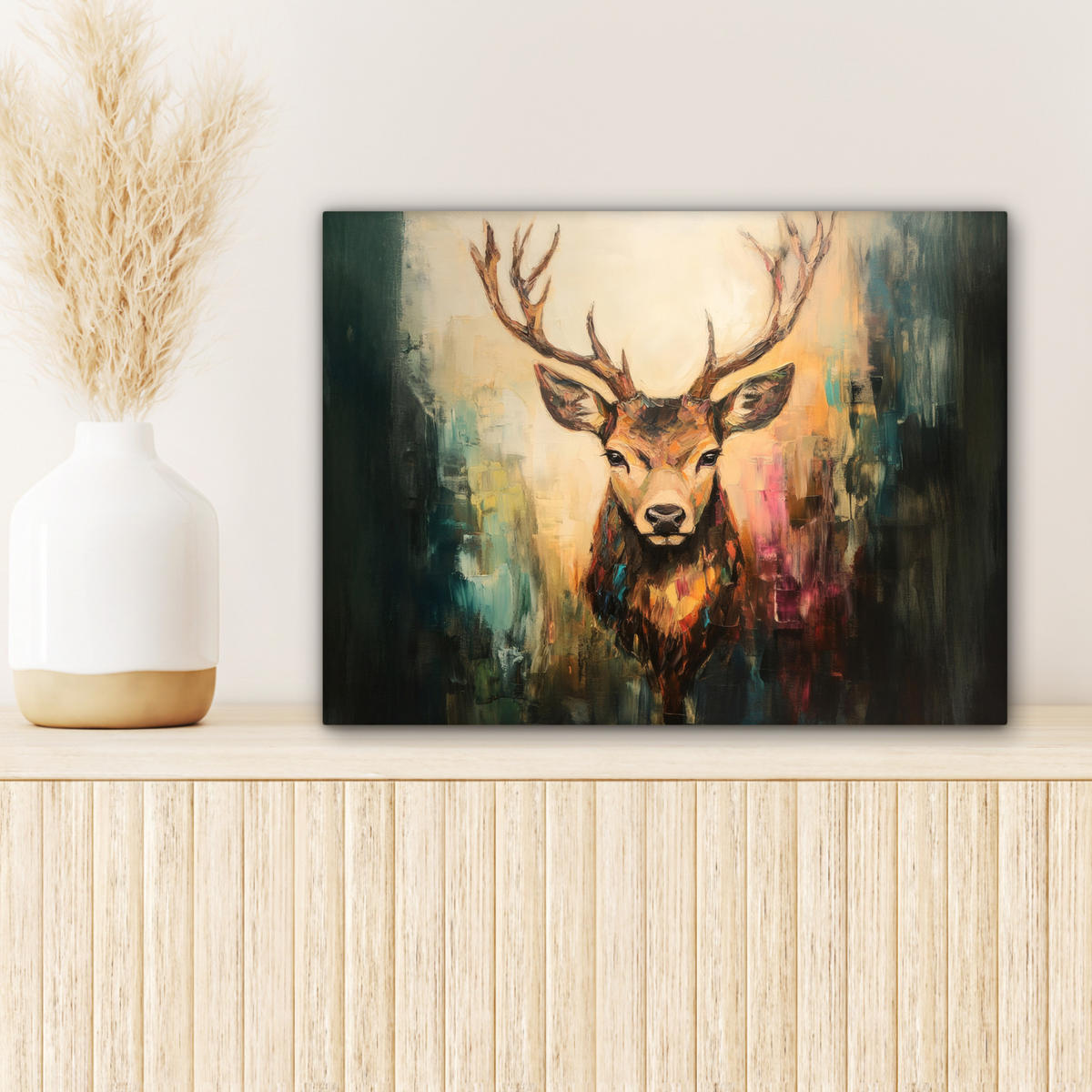 LEINWANDBILD Hirsch - Gemalt - Geweih - Braun 40x30 cm - Haselnussfarben, Textil (40/30cm) - MuchoWow