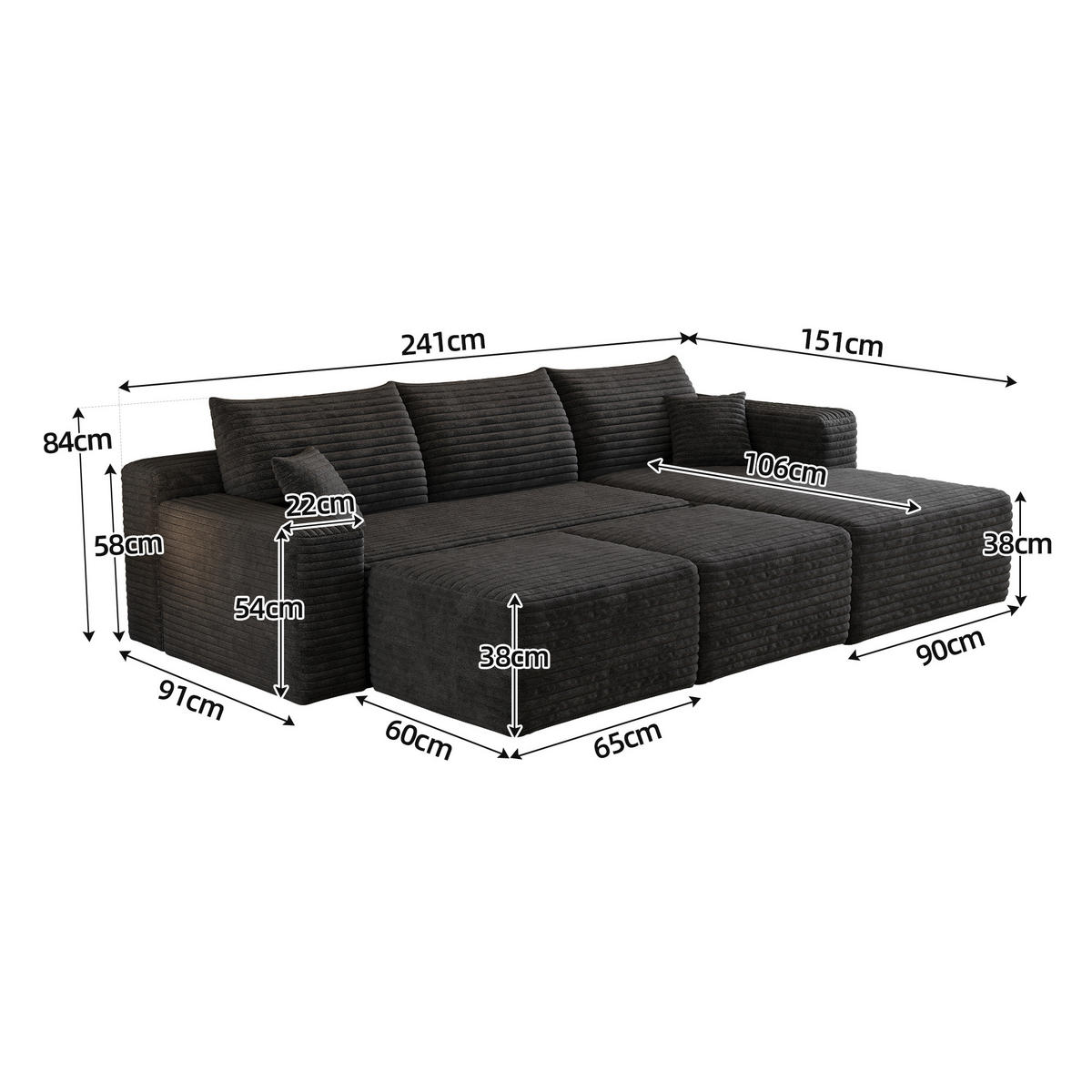 WOHNLANDSCHAFT Cord Schwarz ohne Montage - Schwarz, Textil (241/58/151cm) - WISHDOR