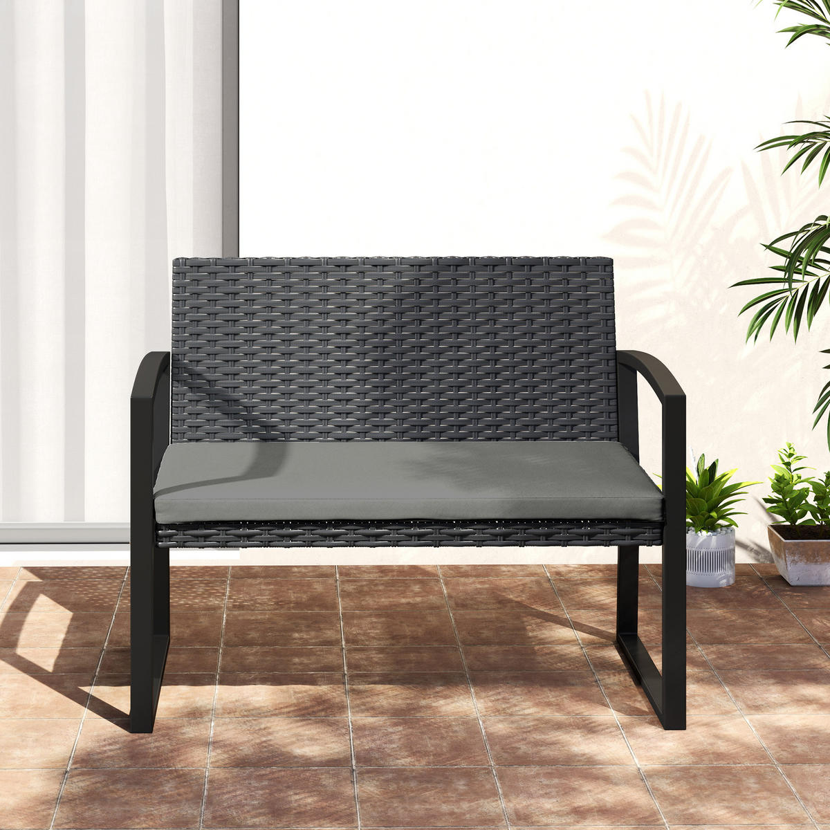 GARTENBANK 2-Sitzer DE-13681 mit Polsterkissen Grau & Schwarz - Grau, Kunststoff/Metall (103/78/58cm) - ComfortXL