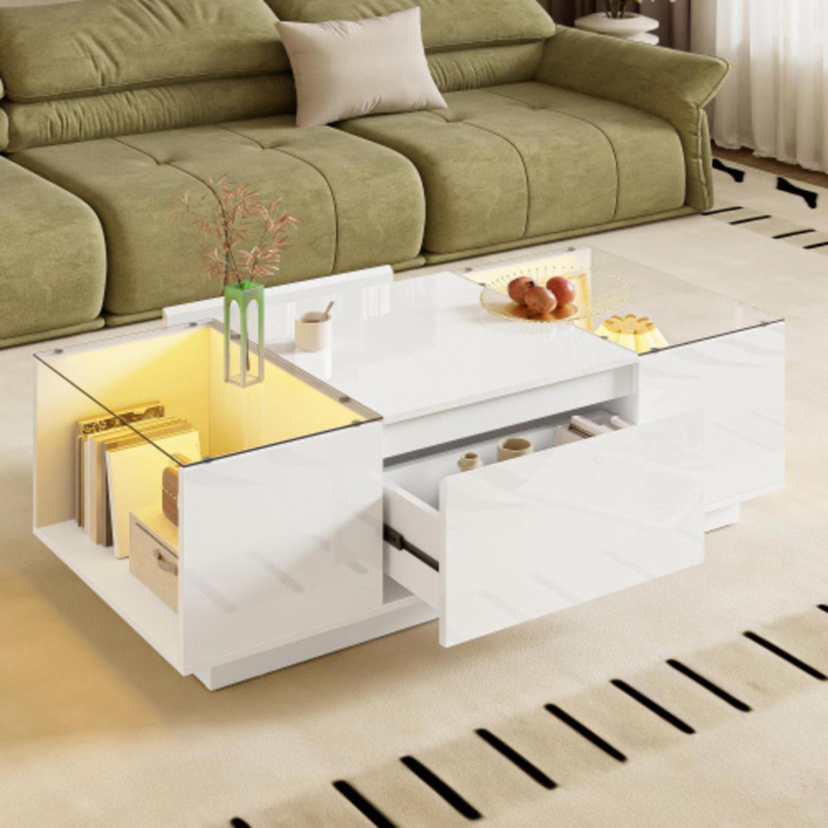 COUCHTISCH Weiß aus Spanplatte mit Bluetooth LED-Licht und Glasverkleidung 105×50×35 cm - Weiß, Holzwerkstoff (50/105/35cm) - Luhomfu