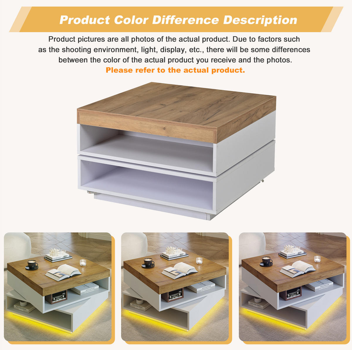 COUCHTISCH 65/65/40 cm Weiß/Holzton aus MDF mit 360° drehbarer Tischplatte und LED-Beleuchtung - Weiß, Holzwerkstoff (65/65/40cm) - OKMYHOME
