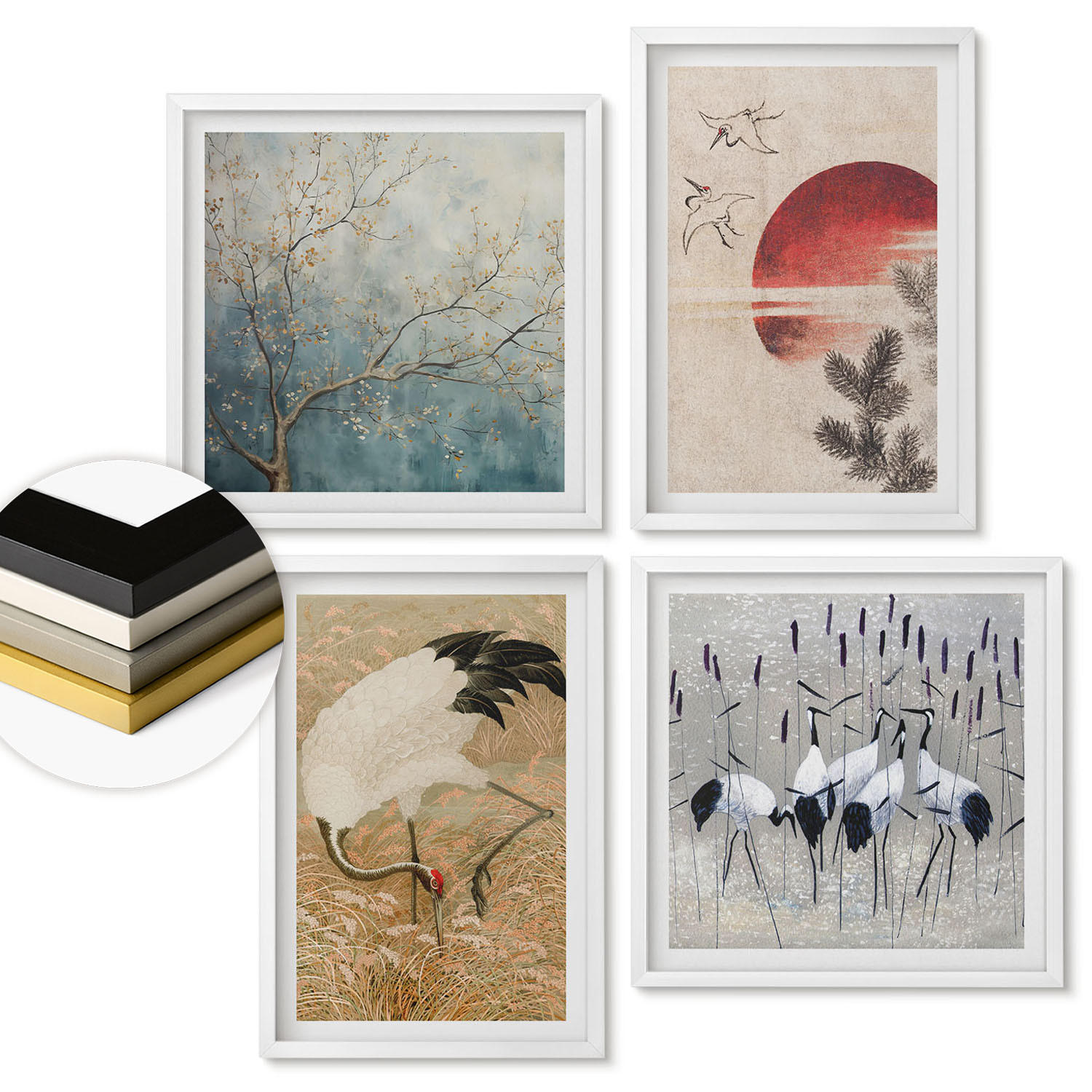 WANDBILDER 4er-Set - 50x50 cm & 40x60 cm Weißer Rahmen - Japanische Kraniche Landschaft - Weiß, Kunststoff (50/50cm) - ArtPrintCave