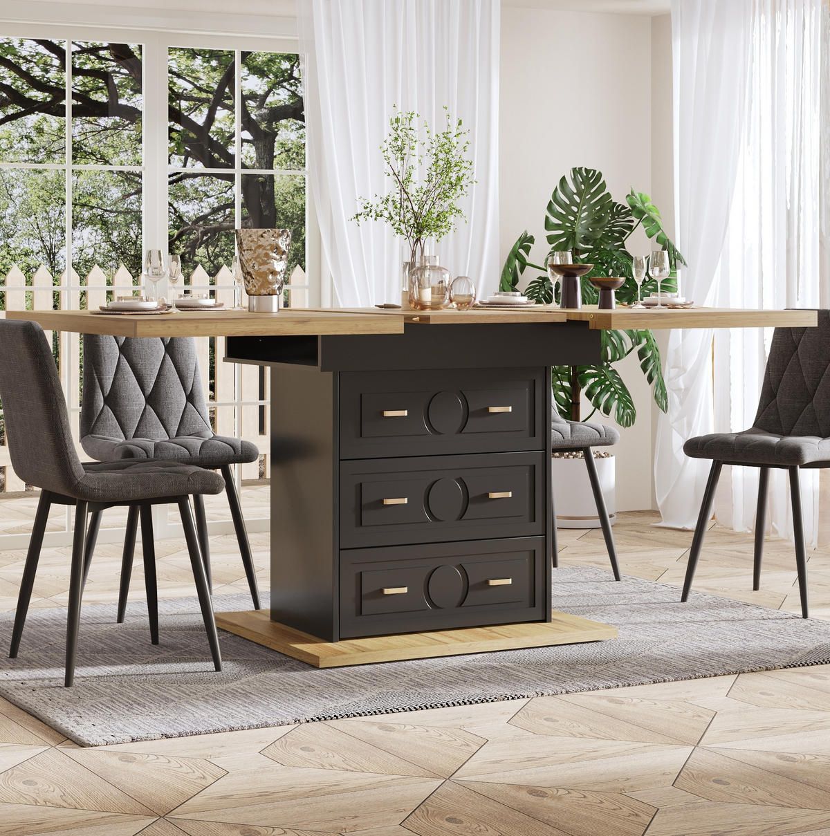 ESSTISCH aus MDF und Metall 110-140x80x75 cm Naturholzfarben ausziehbar mit Stauraum und Holzmaserung - Naturfarben, Holzwerkstoff (110/80/75cm) - Modfu