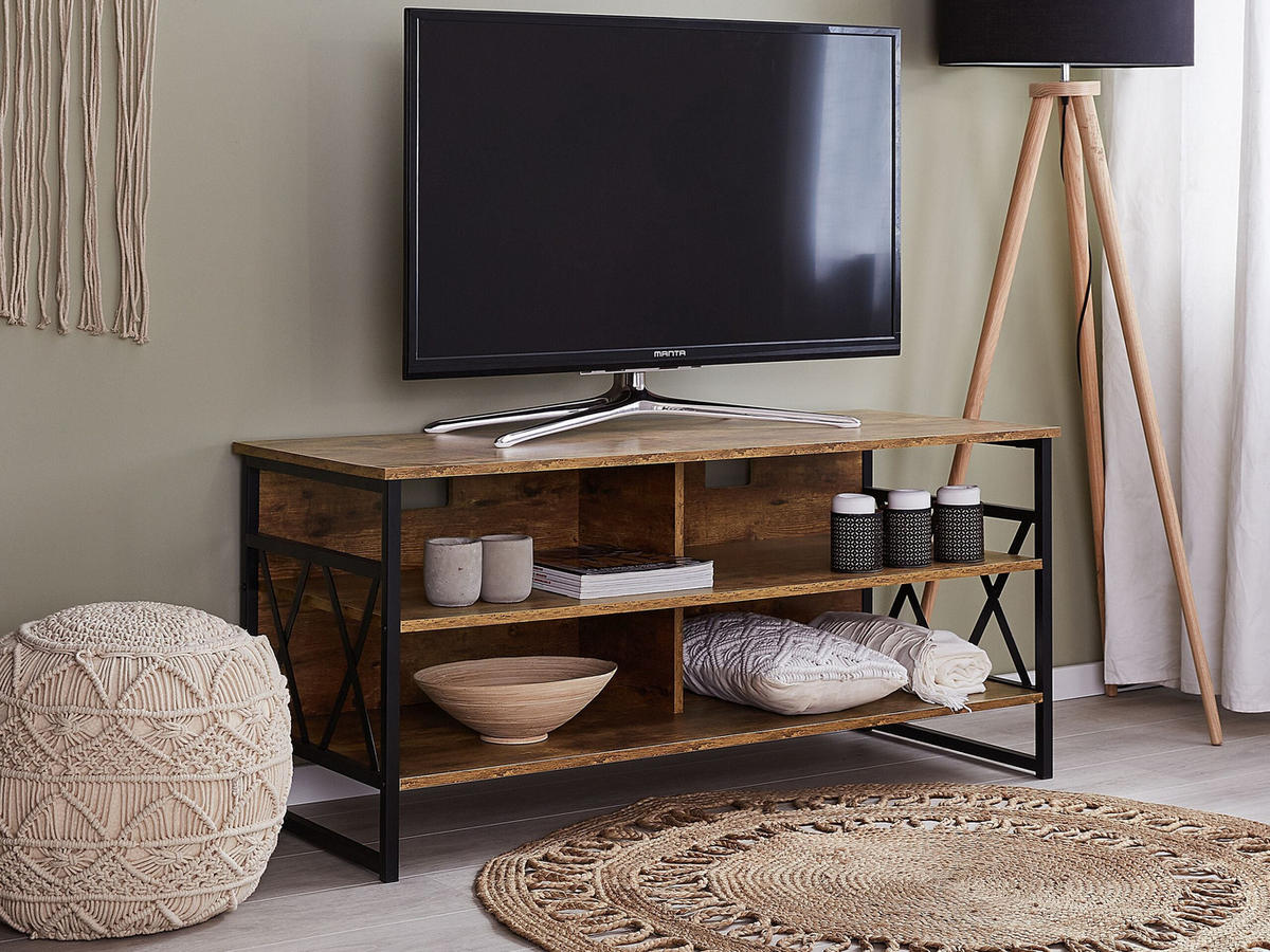 TV STOLEK Tmavě hnědý, Černý CARLISLE 51/120/57 cm - tmavě hnědá, kompozitní dřevo (120/57/51cm) - Beliani