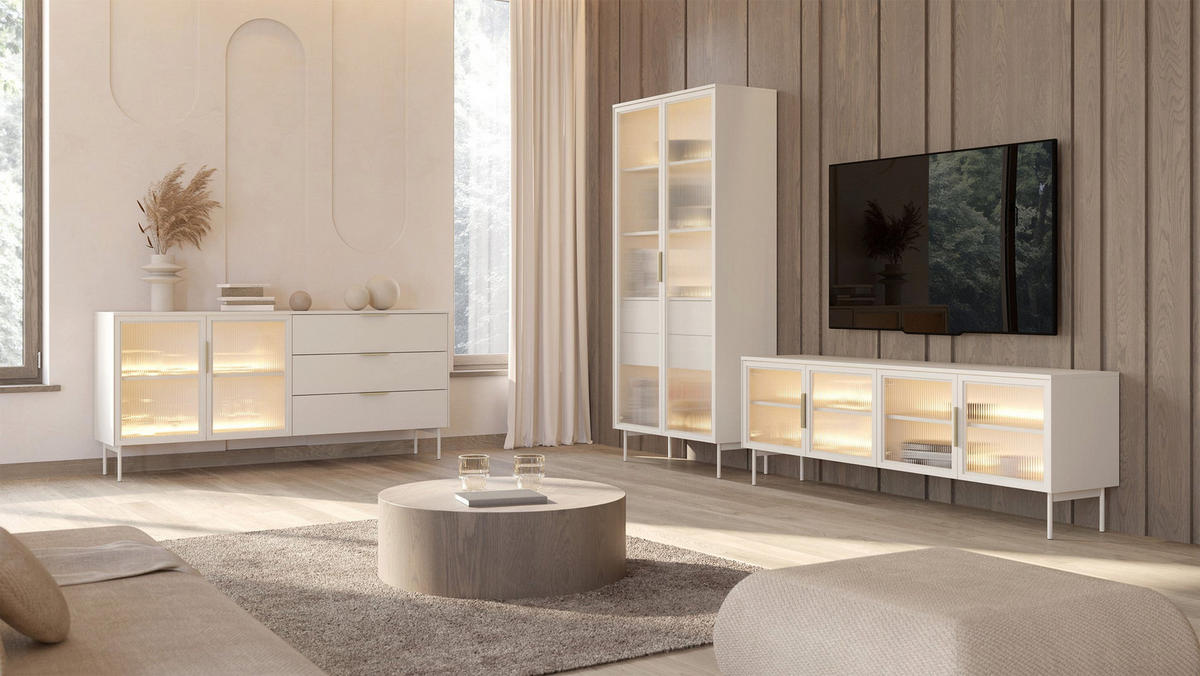 SIDEBOARD Lumi 2-türig mit Glasfronten Kaschmirgrau 181 cm - Taupe/Goldfarben, Holzwerkstoff/Metall (181.3/82.6/39.3cm) - Selsey