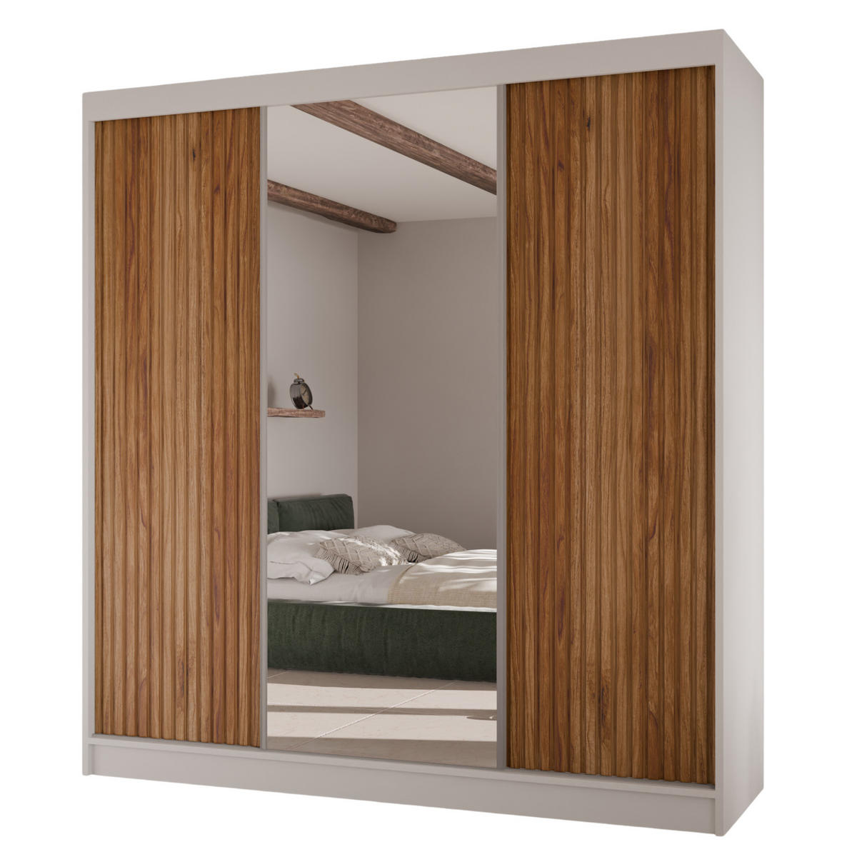 SCHWEBETÜRENSCHRANK Rafi mit Spiegel und mit geriffelten Fronten, 200 cm, Weiß+eichefarben - Eichefarben/Weiß, Holzwerkstoff (200/215/61cm) - AN-Moebel 4u