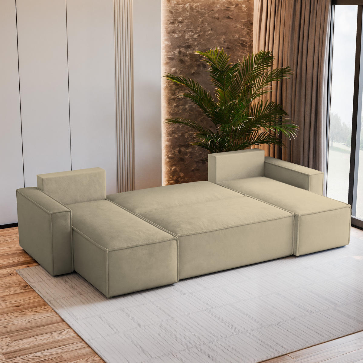 WOHNLANDSCHAFT PESANO M Creme Velours-Stoff mit Schlaffunktion - Creme, Holz (306/85/140cm) - MASSENO