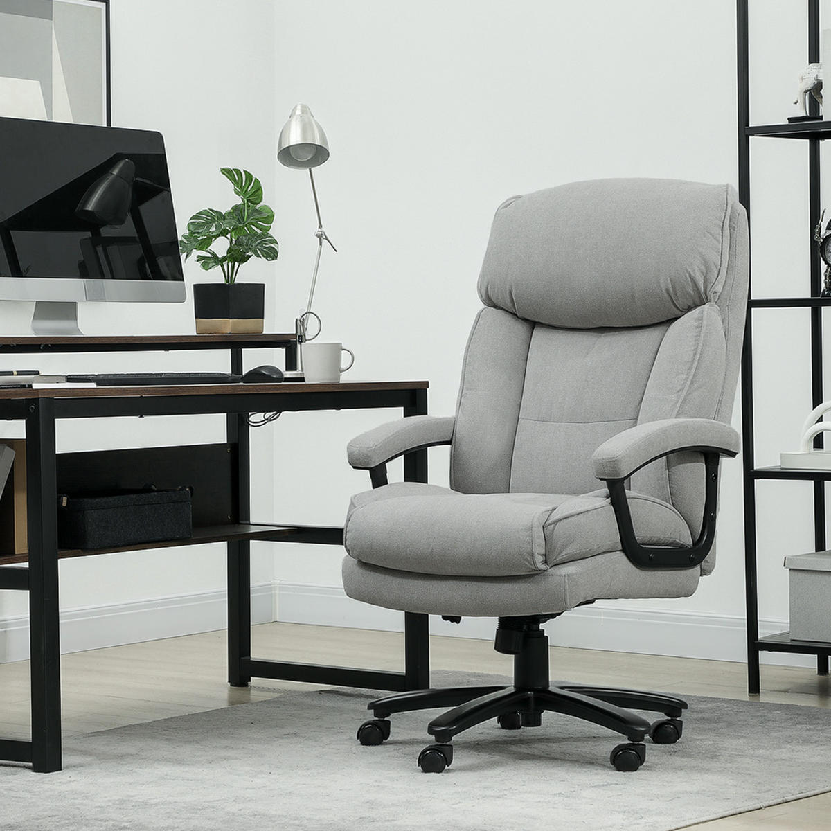 BÜROSTUHL, Ergonomisch Schreibtischstuhl mit Wippfunktion, Leinenoptik, Hellgrau - Hellgrau, Kunststoff (68.5/125/79cm) - HOMCOM
