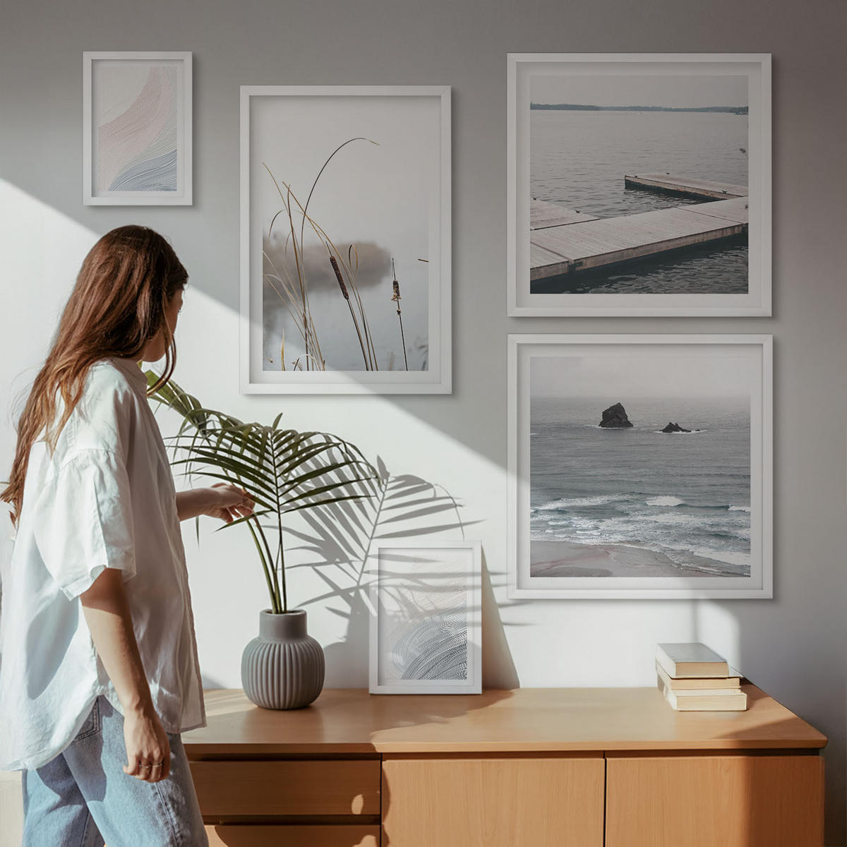WANDBILDER 5er-Set - 50x50 cm & 20x30 cm & 40x60 cm Weißer Rahmen - Abstrakte Pastellwellen - Weiß, Kunststoff (40/60cm) - ArtPrintCave