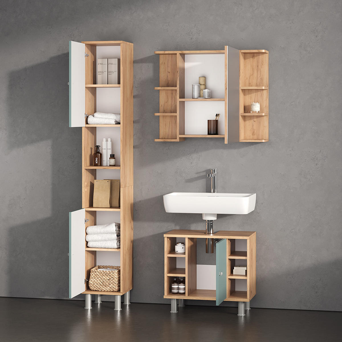 BADSCHRANK Fucino Goldkraft Eiche 30 x 190 cm - Eiche Wotan/Braun, Holzwerkstoff (30/190/30cm) - Livinity®