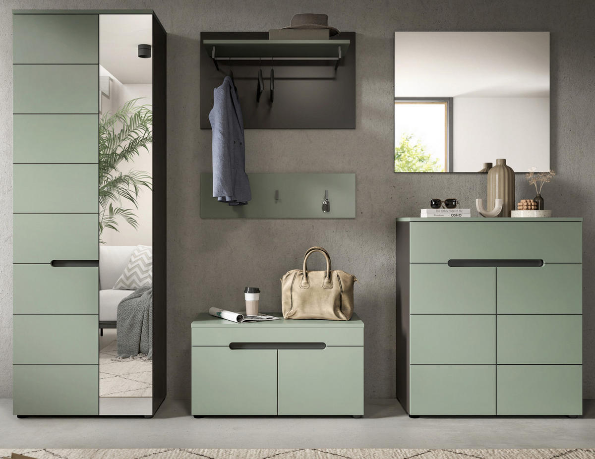 GARDEROBE SET 6-teilig Salbei Grün, Basalt Grau, Komplett-Set mit Soft-Close - Salbeigrün/Schwarz, Holzwerkstoff/Kunststoff (255/190/37cm) - Inn.Furn