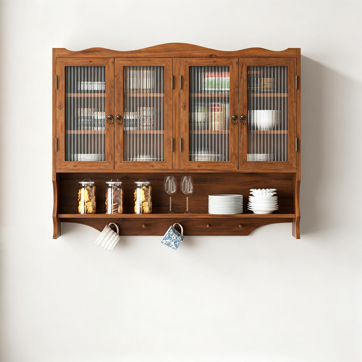 HÄNGESCHRANK mit 4 Türen 2 Ablageebenen und Hakenleiste aus Holz Glas 100 cm - Transparent/Braun, Glas/Holzwerkstoff (100/80/20cm) - EVRYAE