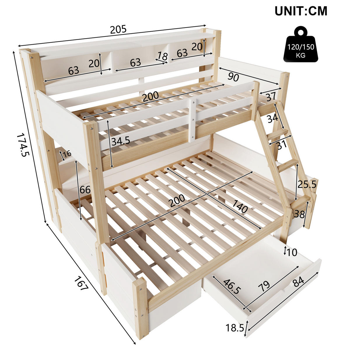 ETAGENBETT aus Kiefer 90x200/140x200 cm Weiß/Natur mit LED-Lichtleiste, offener Stauraumlösung, Schublade und variabler Leiter - Weiß, Holzwerkstoff (90/200cm) - Modfu