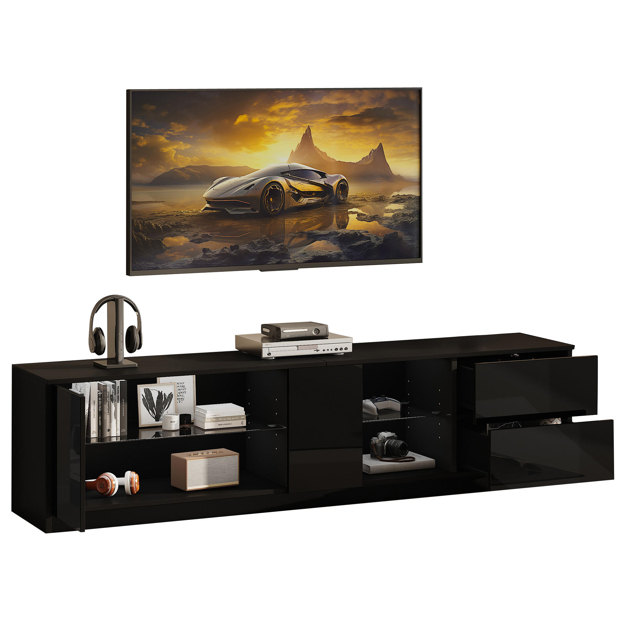 LOWBOARD 160/40/52 cm aus MDF mit Hochglanzfront und LED-Beleuchtung Schwarz - Schwarz, Holzwerkstoff (160/52/40cm) - Modenvie