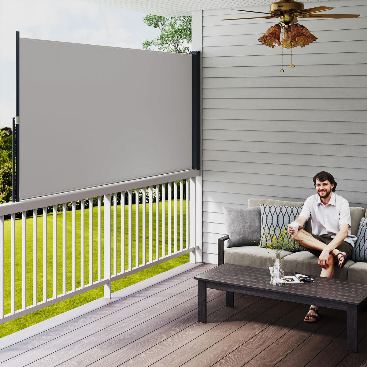 SEITENMARKISE, Hellgrau, 300L x 100H cm/300L x 140H cm, Polyesterstoff, Metall - Hellgrau, Kunststoff (3.5/140cm) - Outsunny