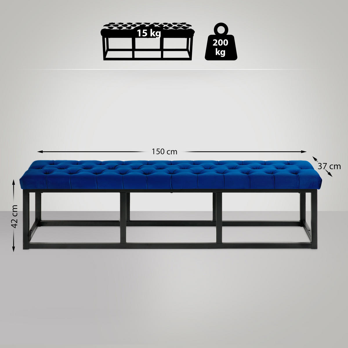 SITZBANK Polly Samt Schwarz 150 cm blau - Blau, Metall (150/42/37cm) - TPFLiving