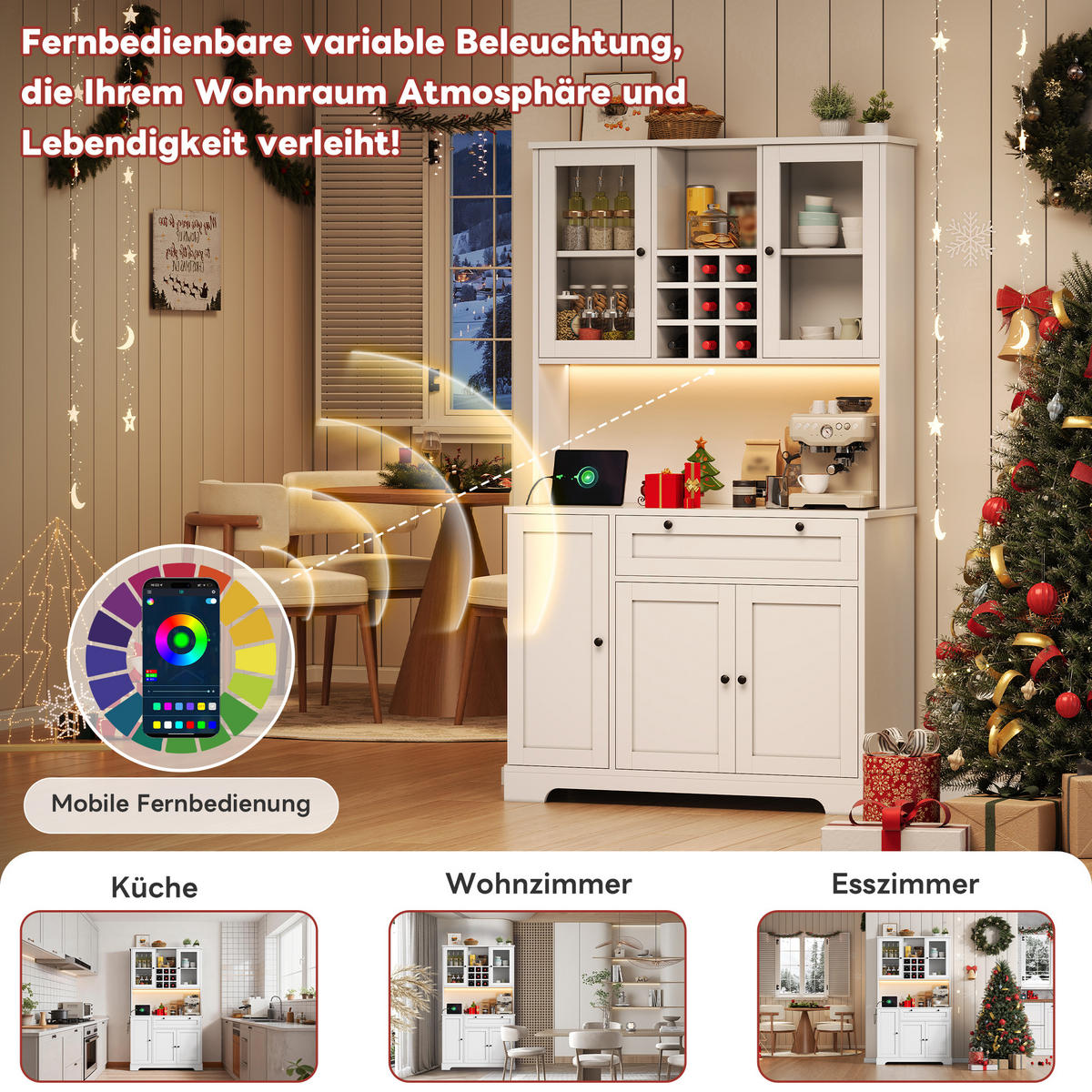 BUFFET 105/40/180 cm Weiß mit farbwechselnder LED-Beleuchtung und 1 Schublade - Weiß, Holz (105/180/40cm) - Oxeza