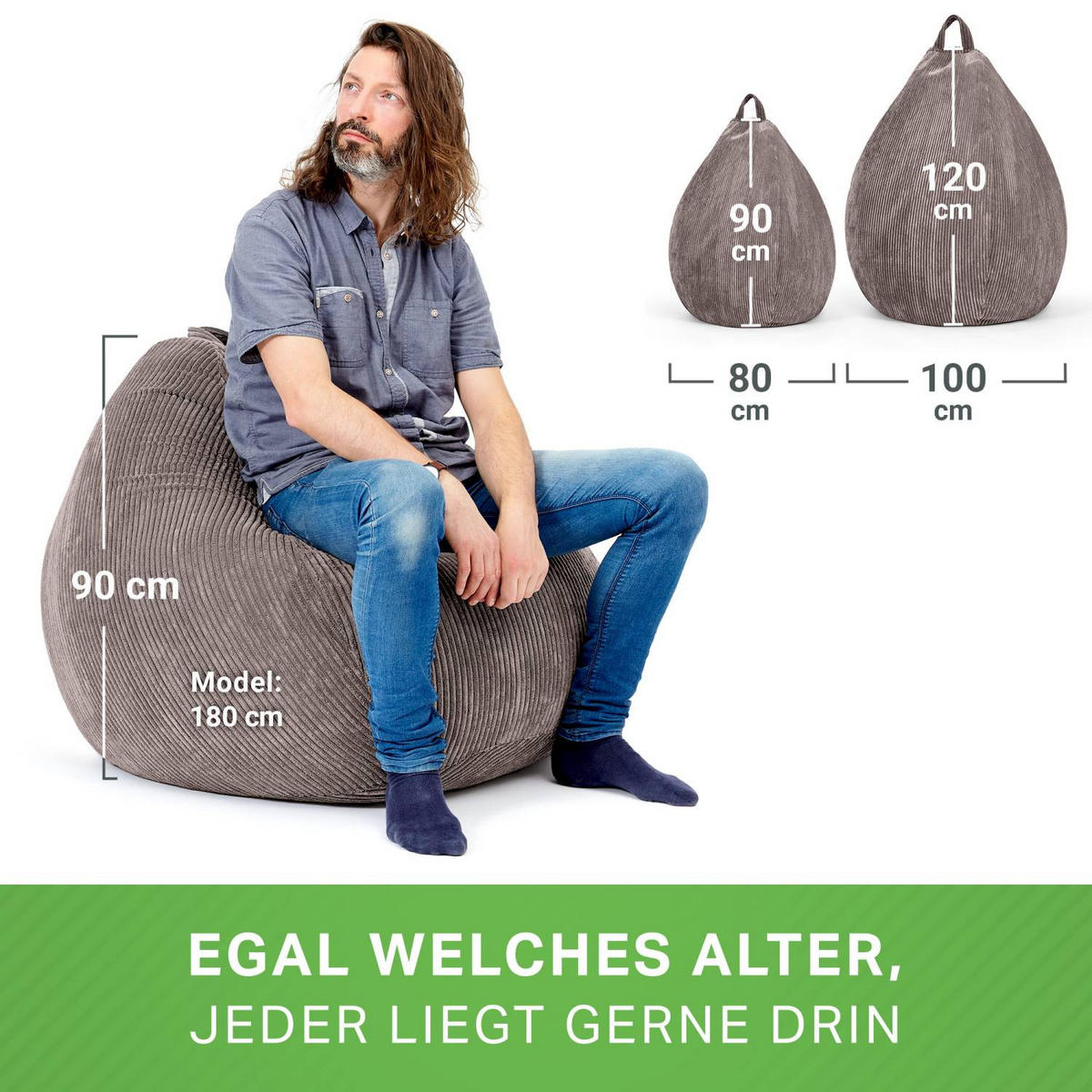 SITZSACK Indoor "Scoop" 90x110cm - Cord - Grau, Textil (90/110/90cm) - Green Bean