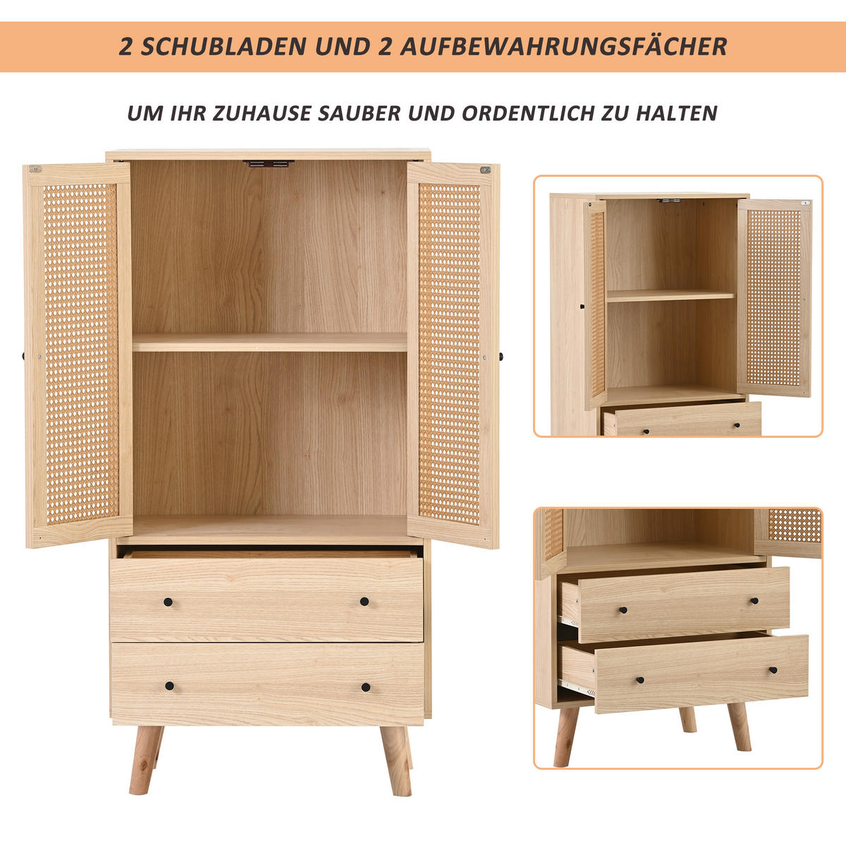 HIGHBOARD mit Rattantüren und 2 Schubladen in Eicheoptik - Eichefarben, Holzwerkstoff (60/120/40cm) - Urban Meuble