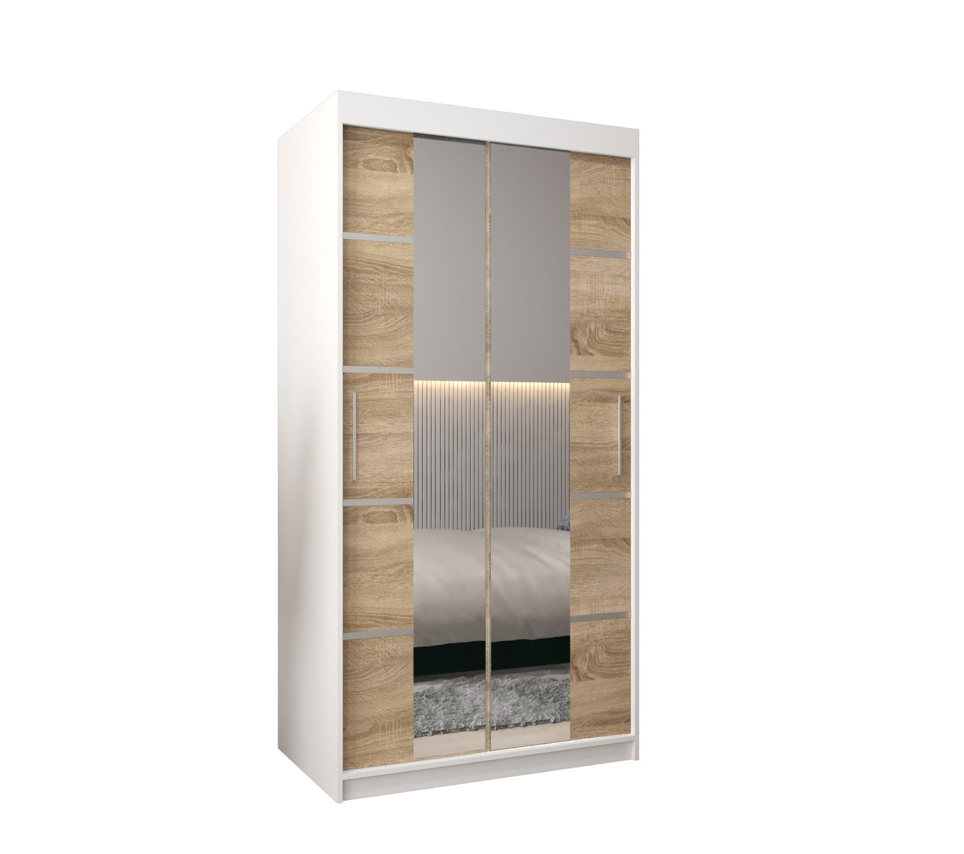 Möbel Kryspol Schwebetürenschrank Weiß, Sonoma Eiche, Silber 100x200x62 cm
