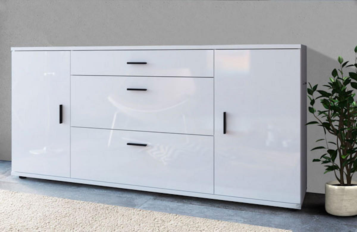 KOMMODE Henley weiß / weiß Hochglanz 180 / 43,5 / 86cm - Weiß Hochglanz/Schwarz, Holz/Holzwerkstoff (180/86/43.5cm) - Feldmann-Wohnen