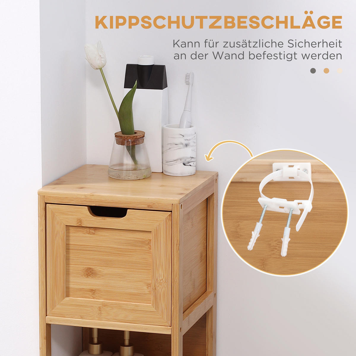 BADSCHRANK mit Kippschutz aus Bambus, 3 Schubladen, Lanfhausstil, Naturholz - Naturfarben, Holz (30/90/30cm) - Kleankin