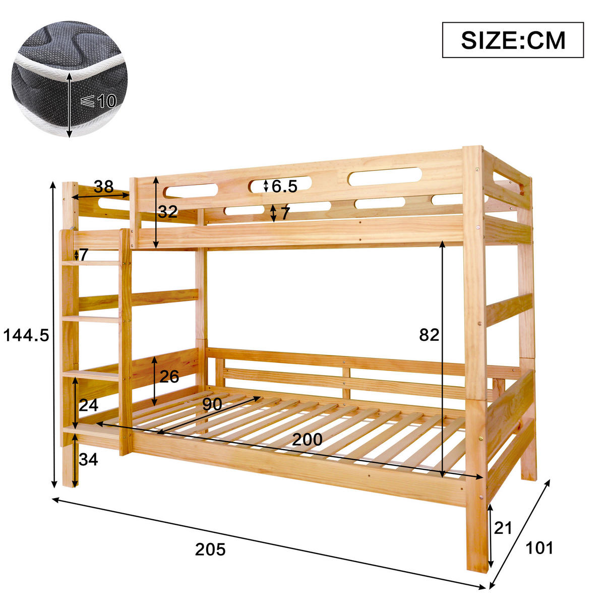 KATNI krevet od borovine 90x200 cm natur može se razdvojiti u 2 kreveta, stabilna konstrukcija - prirodne boje, drvo (90/200cm) - Modfu