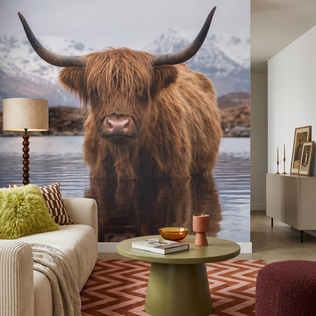 TAPETE - Schottischer Hochländer - Braun - Wasser - 200x200 cm - Braun, Papier (200/200cm) - OnlyWow