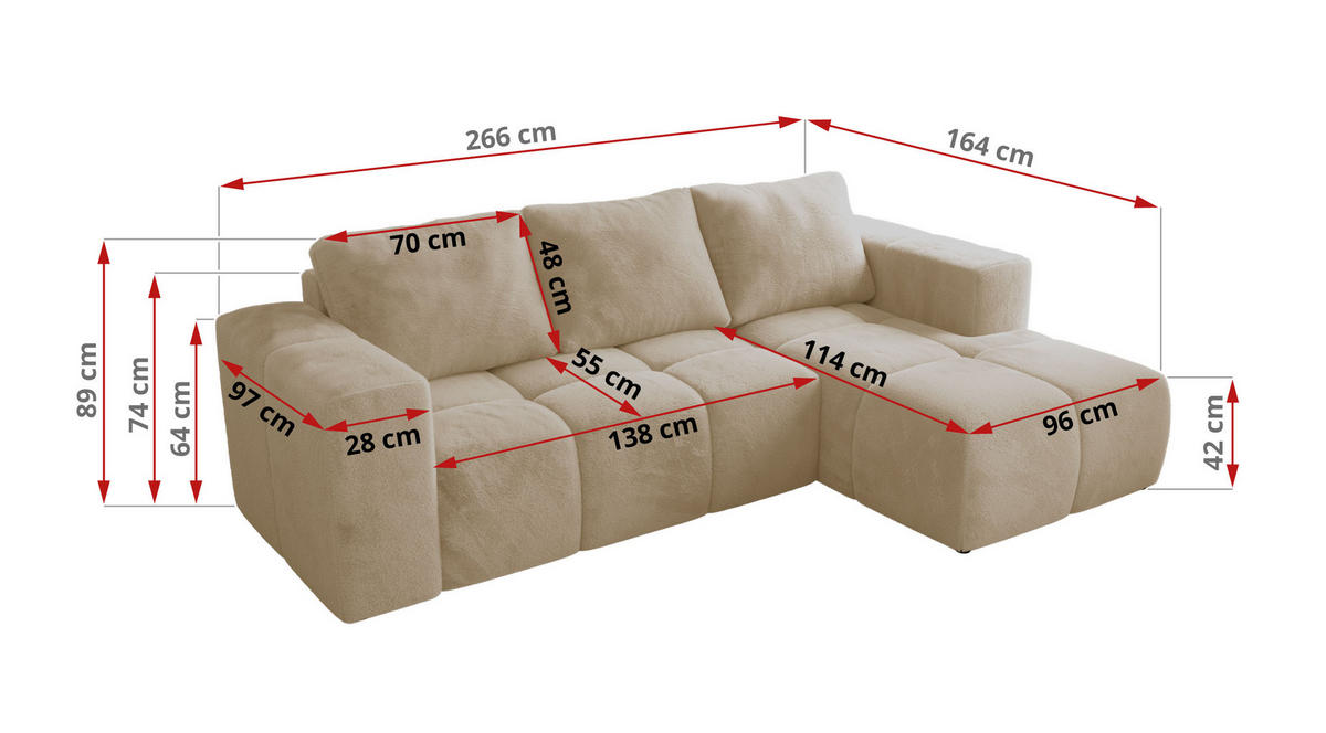 ROHOVÁ SEDAČKA MONIVA L Krémová Plyš - pravá strana - čierna/krémová, textil/plast (266/164cm) - MKS