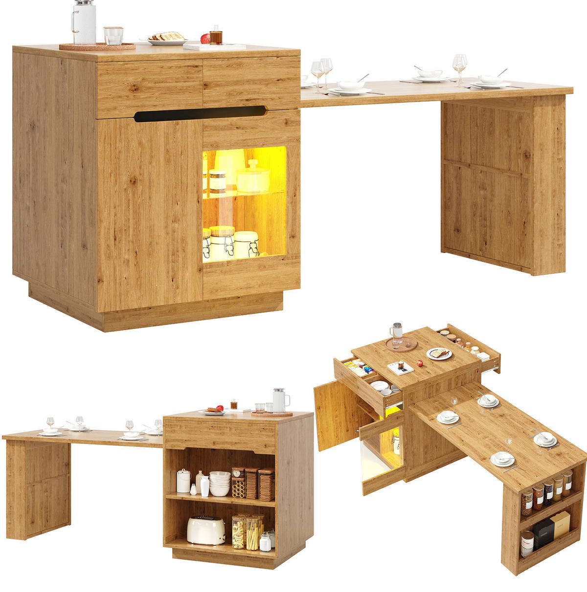 KÜCHENINSEL 122-195/70/93,5 cm aus MDF mit ausziehbarer Tischplatte und LED-Beleuchtung Eichefarben - Braun, Holzwerkstoff (122/93.5/70cm) - Modenvie