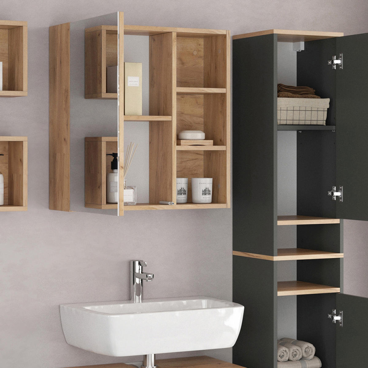 BADMÖBEL-SET Senyo Anthrazit 4 Teile, mit Hochschrank - Honigeiche/Anthrazit, Holzwerkstoff (62/54/32cm) - Vicco