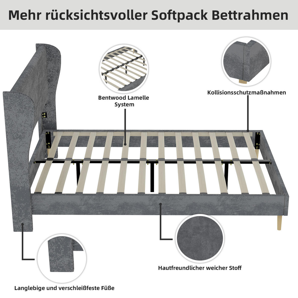 POLSTERBETT 160x200 cm ohne Stauraum grau - Grau, Textil (160/200cm) - LEBENLANG
