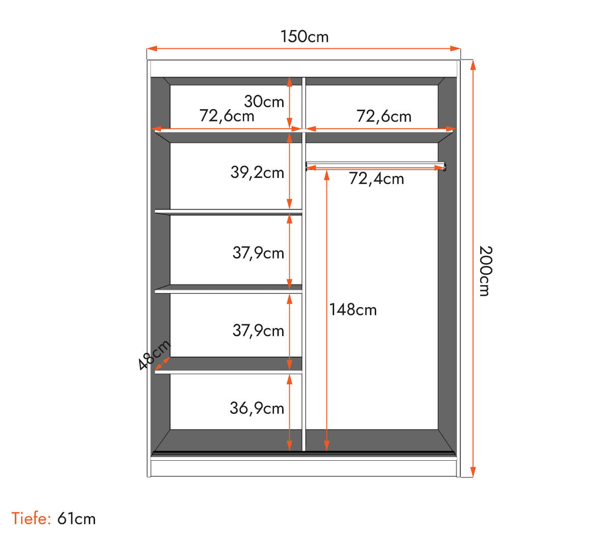 SCHWEBETÜRENSCHRANK VISTA 01 Schwarz/Weiß mit Spiegel ohne LED Beleuchtung 150 cm - Alufarben/Schwarz, Glas/Holzwerkstoff (150/200/61cm) - imoebel24