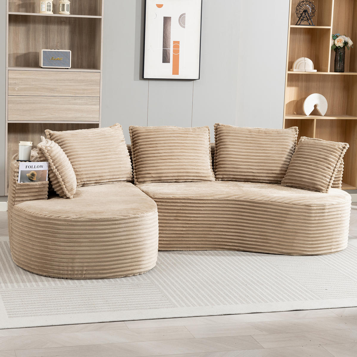 ECKSOFA Cord Khaki mit Becherhaltern, Seitentaschen und mit Kissen - Hellbraun, Textil (250/152cm) - WISHDOR