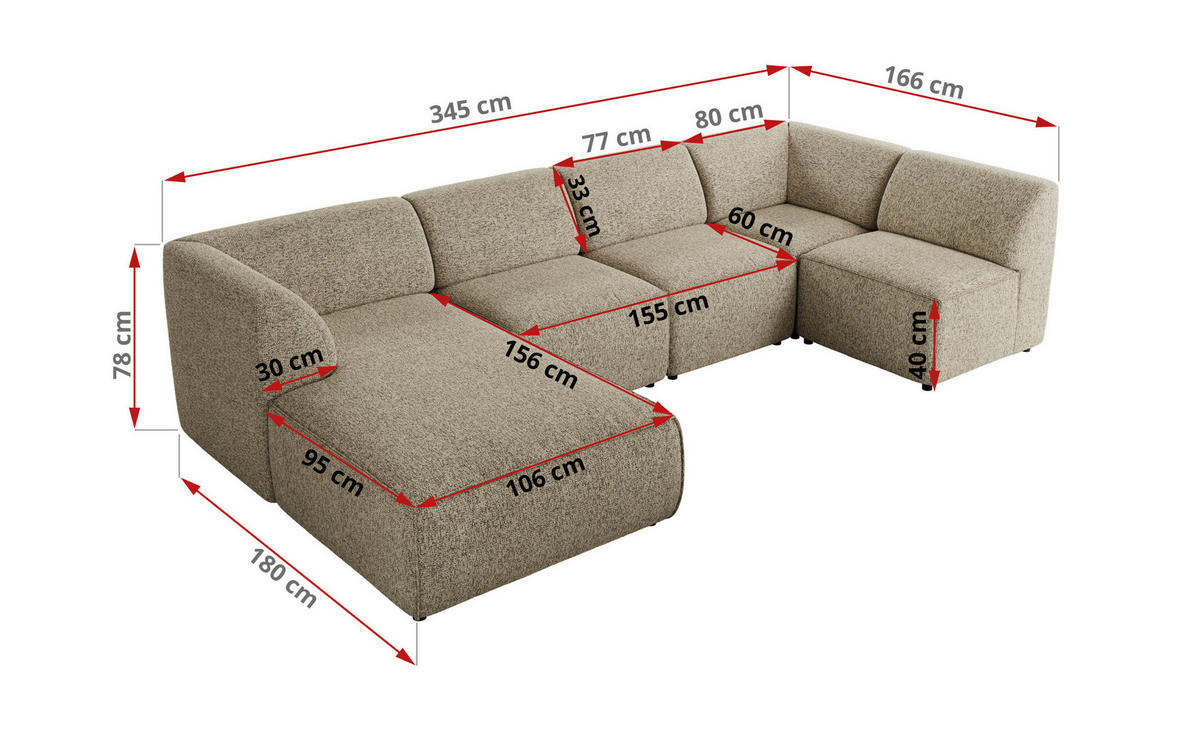 WOHNLANDSCHAFT MODARO U 5M - Dunkelbeige Struktur - Links - Schwarz/Cappuccino, Textil (180/78/345cm) - MKS