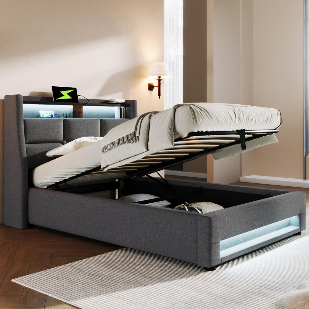 POLSTERBETT mit Stauraum, USB und LED 90x200 cm Leinen Grau - Grau, Metall (90/200cm) - Meubliv