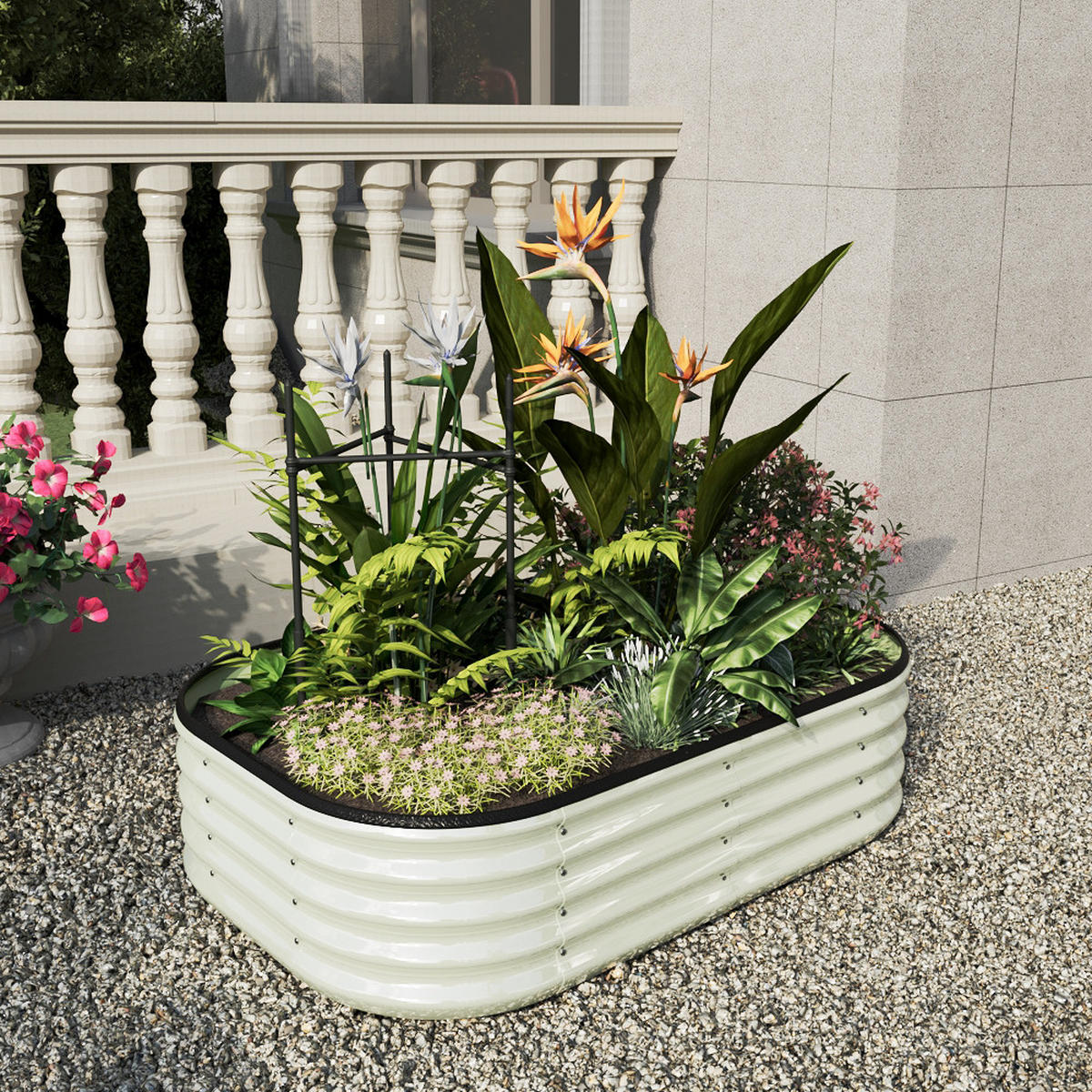 HOCHBEET-PFLANZKASTEN mit Pflanzenstütze aus verzinktem Stahl in Weiß Ovalen Blumenkasten für Garten Balkon 120 × 80 × 30 cm 5,3 kg - Weiß, Metall (80/30/120cm) - Livingandhome