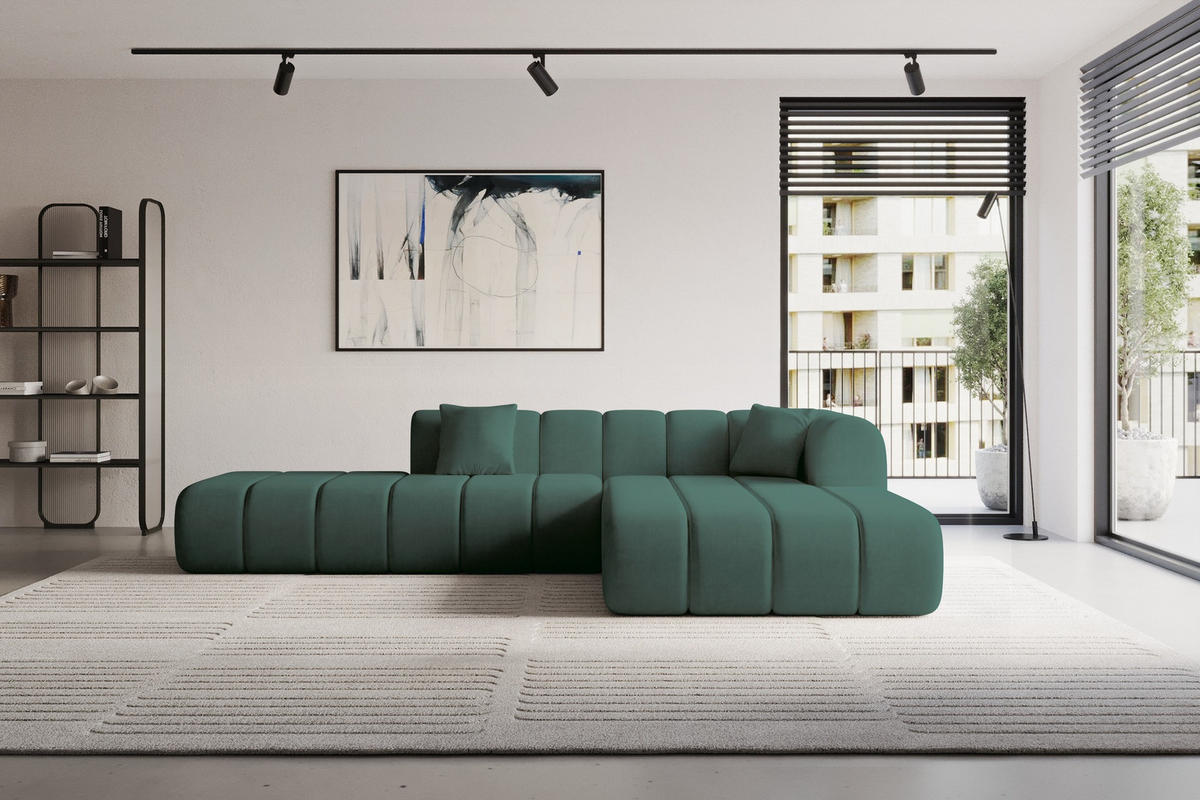 ROHOVÁ SEDAČKA s otomanem, pravá BILA-L 289x176x71 Zelená Velur - černá/jadeitově zelená, kompozitní dřevo/textil (289/176cm) - ALTDECOR