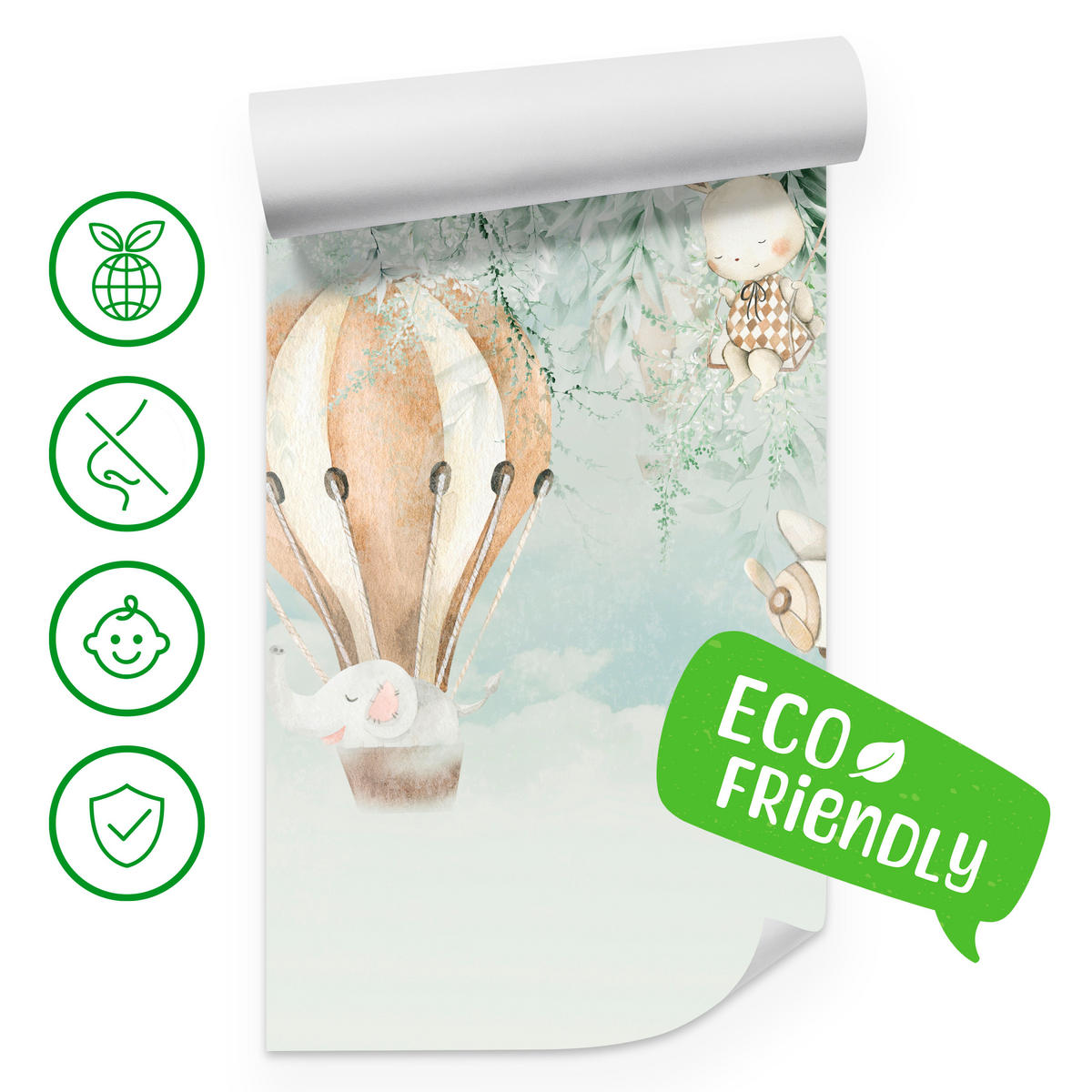 FOTOTAPETE für Kinderzimmer Tiere Wolken Ballons Giraffe Elefant 300x210 - Beige/Braun, Papier (300/210cm) - Muralo