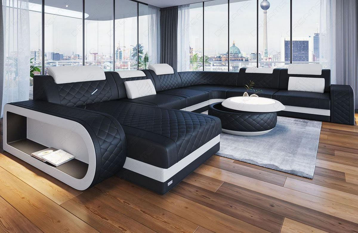 WOHNLANDSCHAFT Berlin U-Form Mini Schwarz Weiß Kunstleder - Schwarz, Textil (264/80/362cm)